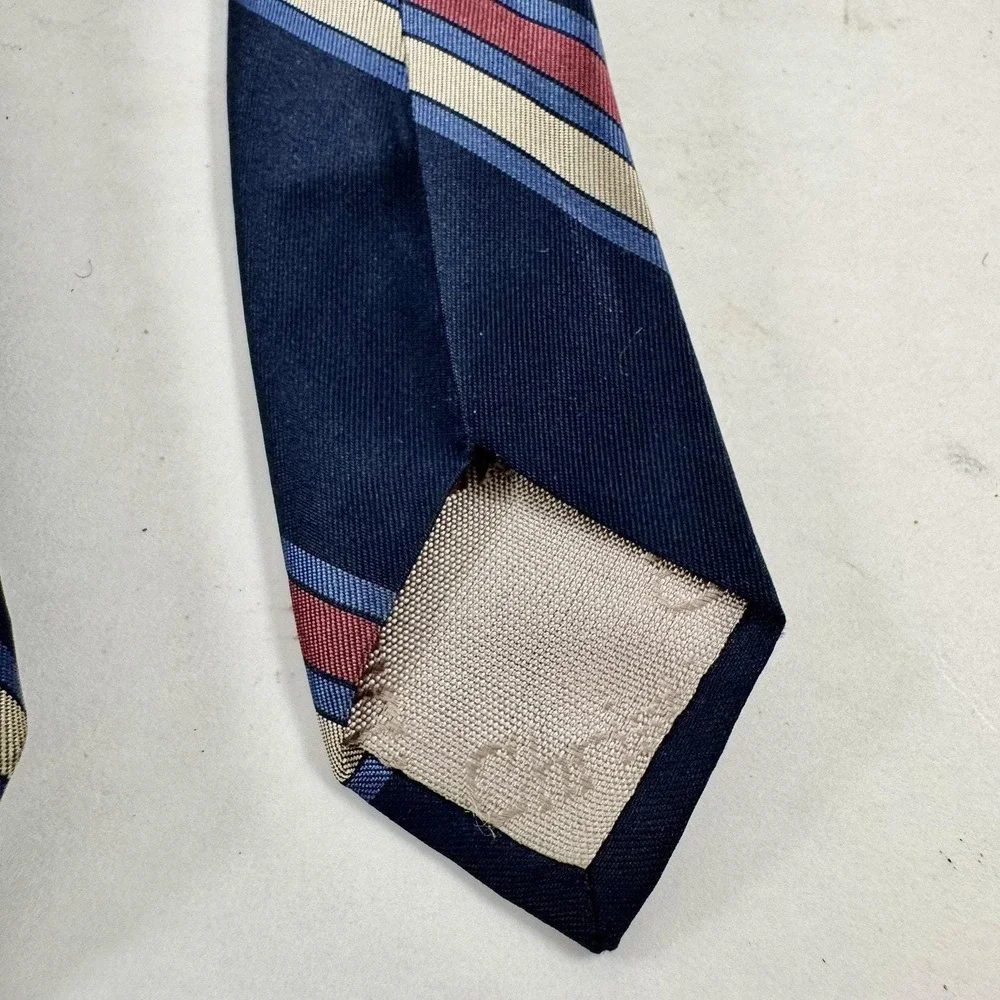 Christian Dior Mens Silk Tie Navy‎ Blue Red Cream Striped Vintage Made in France